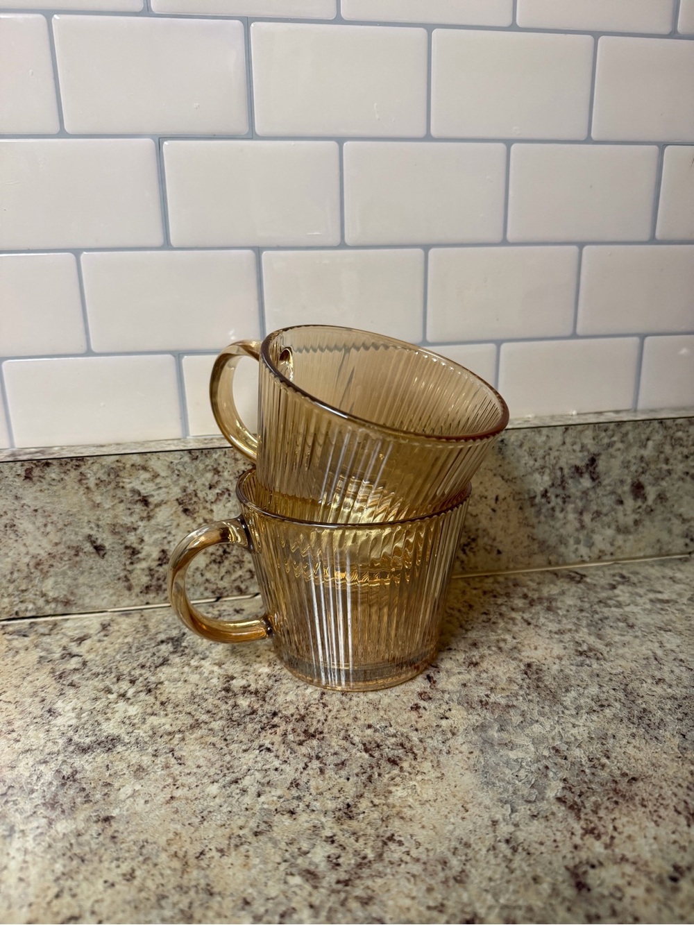 Ribbed Amber Glass Mugs - Set of 2